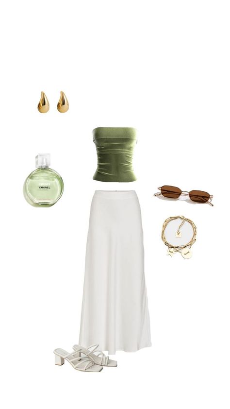 outfit, skirt, green and white top, jewelry White Old Money Outfit, White Old Money, Beach Outfit Dress, Dress Blue Long, Old Money Outfit, Money Outfit, Summer Beach Outfit, Outfit Dress, Womens Fashion Trends