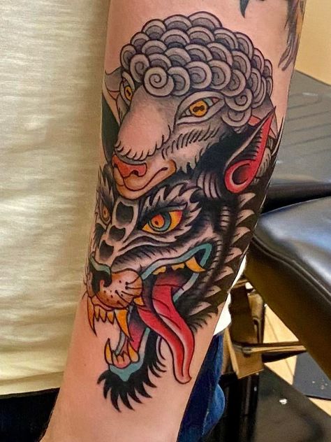 Wolf Sheep Tattoo Traditional, Wolf Wearing Sheep Skin Tattoo, American Traditional Lamb Tattoo, Sheep Head Tattoo, Wolf In Sheeps Clothing Tattoo, Trad Sleeve, Traditional Wolf Tattoo, Nerd Tattoos, Leg Tats