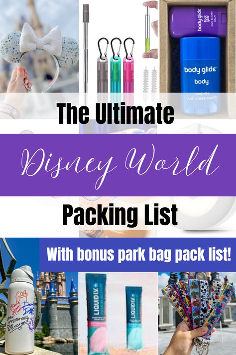 Pictures of items that are recommended to pack for Disney World such as reusable straws, Liquid IV, mouse ear holders and anti chaffing balm. Disneyworld Packing Checklist, Ultimate Disney World Packing List, Things Needed For Traveling, Packing Disney World, Disney Christmas Packing List, Disney Trip Care Package Ideas, Disneyland Things To Bring, Magic Kingdom Packing List, Disney Emergency Kit