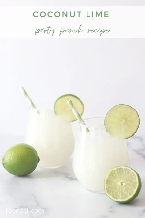 Coconut Lime Party Punch — Liz on Call Easy Party Punch Recipes, Call Recipes, Coconut Punch, Holiday Party Punch, Punch Recipes For Kids, Easy Party Punch, Alcoholic Punch Recipes, Frozen Limeade, Easy Mocktail Recipes