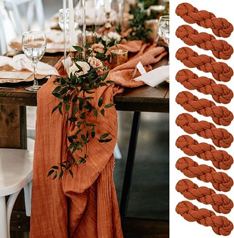 White Table Cloth Terracotta Runner, Terracota Table Cloth, Rust Wedding Table Runner, Rust Cheesecloth Table Runner, Ivory And Terracotta Wedding Table, Terra Cotta Table Runner, Rust Tablecloth Wedding, Orange Runner Table Settings, Boho Cheesecloth Table Runner