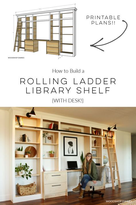 Diy Bookshelf Under Window, Library Bookcase Diy, Farmhouse Desk And Bookshelf, Wall Desk Bookshelf, Build In Bookshelves With Desk, Diy Home Library Bookshelves, Diy Bookshelf Wall Built Ins, Wall Bookcase With Desk, Diy Wall Bookshelf Ideas