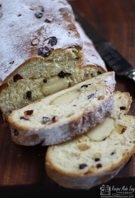 A delicious yeasted cake with a log of marzipan hidden inside.  Like all yeasted cakes, Stollen takes a bit of time to make, but I can assure you it is worth the effort. Stollen  has Stollen Cake, Stollen Recipe, Chelsea Bun, Yeast Breads, Dried Berries, Bun Recipe, German Christmas, Dried Cranberries, Christmas Recipes