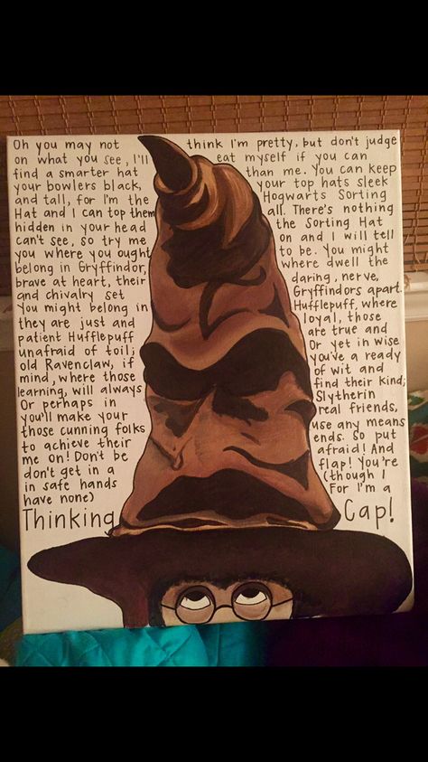 The Sorting Hat Drawing, Painting Of Harry Potter, Sorting Hat Painting, Harry Potter Sorting Hat Drawing, Harry Potter Painting On Canvas, Harry Potter Project Ideas, Harry Potter Inspired Paintings, Canvas Painting Ideas Harry Potter, Harry Potter Artwork Paintings