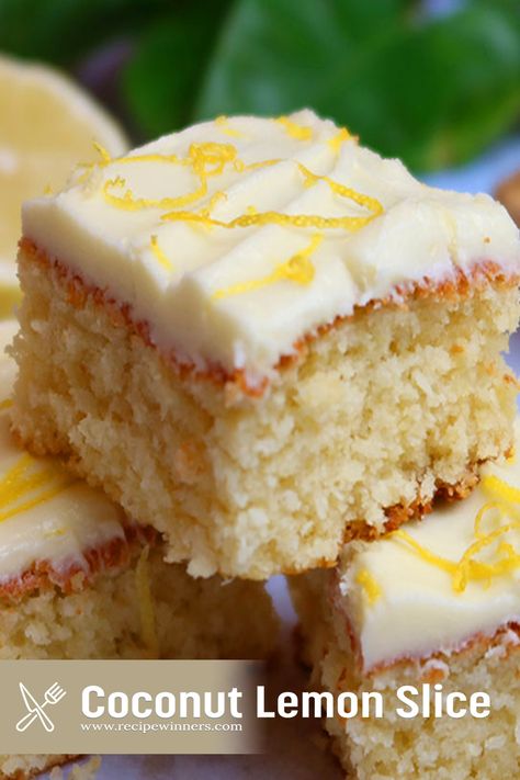 One Bowl Coconut Lemon Slice squares resting on each other with the light highlighting the cut face and icing of the Coconut Lemon Slice Lemon And Coconut Cake, Slice Cake, Coconut Slice, Slice Recipe, Coconut Cake Recipe, Tray Bake Recipes, Squeezed Lemon, Quails, Lemon Cake Recipe