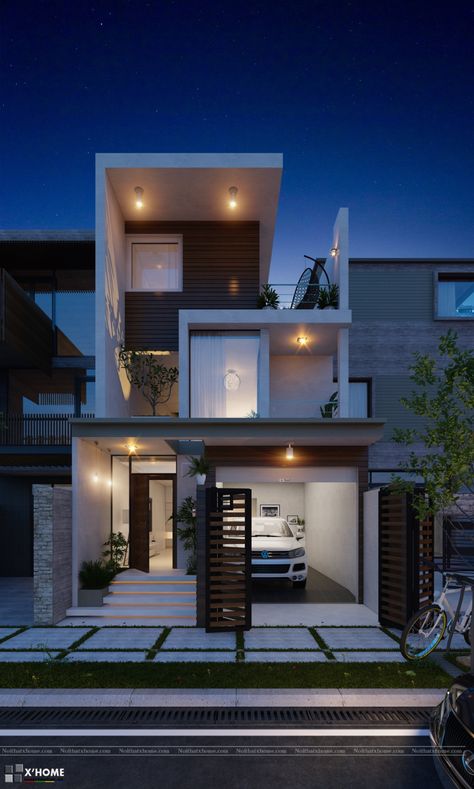 50 Narrow Lot Houses That Transform A Skinny Exterior Into Something Special Creative House Exterior, Vertical House Design, House Inspiration Exterior, Narrow Facade, House Building Ideas, Home Building Ideas, Black Facade, Facade Inspiration, 3 Storey House