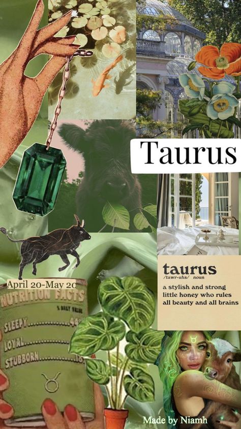 Made by my bestie Niamh #taurusaesthetic #collage #vintage #zodiac #taurus #green #aesthetic #itgirl #wallpaper Taurus Collage, Taurus Goddess, Taurus Wallpaper, Goddess Design, Vintage Zodiac, Zodiac Taurus, Collage Vintage, My Bestie, Art Inspiration Painting