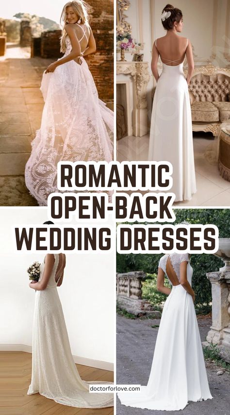 Backless bridal gown ideas for your special day. Romantic, whimsical wedding dresses with open-back design. Wedding day / Wedding gown / Bridal look / Open back dress / Backless wedding dress Wedding Dresses Back Jewelry, Sleeveless Backless Wedding Dress, Backless Gown Designs, Elegant Romantic Wedding Dress, Bridal Gown Ideas, Whimsical Wedding Dresses, Romantic Whimsical Wedding, Backless Wedding Dresses, Twilight Wedding