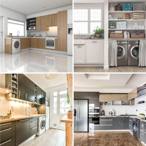 different kitchen designs with laundry machines Kitchen And Laundry Room Combo Layout, Kitchens With Laundry Area, Laundry Inside Kitchen, Washer In Kitchen Ideas, Galley Kitchen With Laundry At End, Wash And Dryer In Kitchen, Kitchen Layout With Laundry, Kitchens With Washer And Dryer In Them, Washer Dryer In Kitchen Ideas