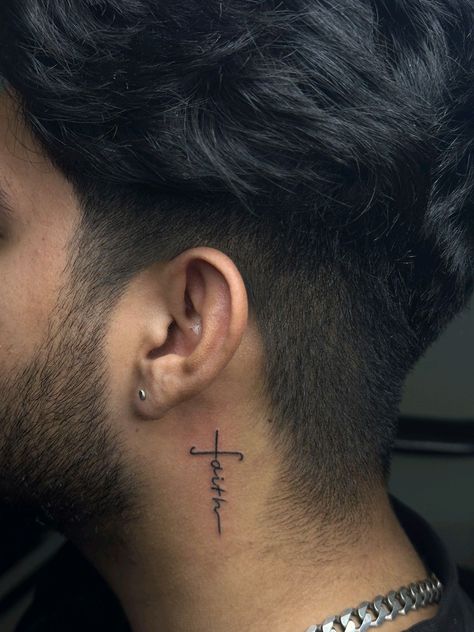 Birds Behind Ear Tattoo Men, Faith Neck Tattoo Men, Cross Tattoo For Men Neck, Small Cross Neck Tattoo, Blessed Neck Tattoo Men, Neck Tattoo For Guys Words, Faith Neck Tattoo, Back Ear Tattoo Men Guys, Neck Tattoo Guys