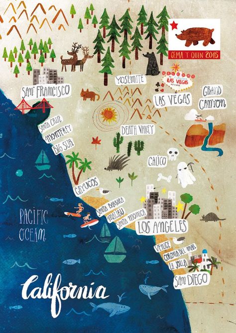 Illustrated map of California on Behance Map Of California, San Francisco Map, California Map, California Travel Road Trips, California Love, California Dreamin', California Dreaming, Illustrated Map, Travel Maps