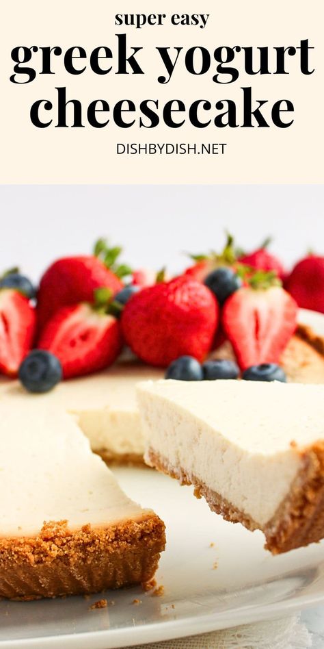 This easy Greek yogurt cheesecake makes a delicious dessert - with a crunchy gluten-free graham cracker crust and a lighter but still creamy filling. Go bake this cheesecake today! Totally gluten-free too! Ww Cheesecake Greek Yogurt, Yogurt Cheesecake Recipe, Gluten Free Graham Cracker Crust, Greek Yogurt Cheesecake, Yogurt Cheesecake, Low Cal Dessert, Gluten Free Graham Crackers, Gluten Free Cheesecake, Greek Yogurt Recipes