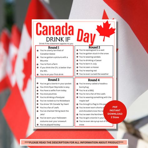 Looking for a July 1st game with your friends that will guarantee entertainment, and have everyone laughing? Then you need this Canada Day Drink if! ▪️This fun Holiday game is perfect for small or large friend gatherings. This is an instant download and can be printed from home. ▪️Print in black and white or color. This comes in 2 sizes:8.5x11" and 5x6.5". Canada Day Activities, Party Games Group, Games Group, Fun Holiday Games, Drink If, Office Christmas Party, Holiday Games, Adult Party Games, Activities For Adults