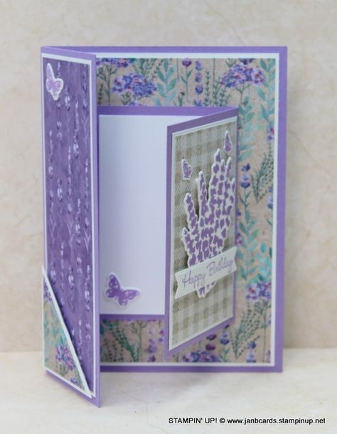 Corner Tuck Fancy Fold Birthday Card - Video 653 - JanB Cards Fun Fold Birthday Card Tutorials, Card Patterns Cardmaking, Dawn Griffith Stampin Up Tutorials, Multi Fold Cards Ideas, Tri Fold Cards Tutorial How To Make, 2024 Stampin Up Card Ideas, Sketch Cards Cardmaking, Unique Card Ideas Creative, Stamping Up Birthday Card Ideas