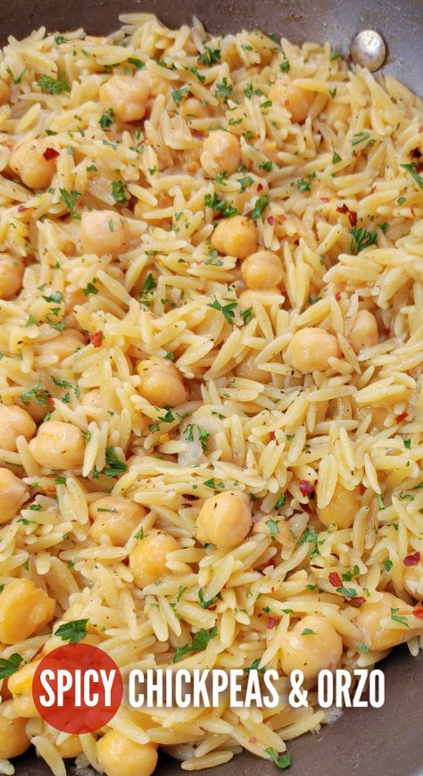 Spicy Chickpeas with Orzo! A Mediterranean inspired recipe with chickpeas (garbanzo beans), orzo and layers of spices and mild heat that doubles as the perfect side or a meatless main dish. Rice With Garbanzo Beans, Orzo Recipes Side, Recipe With Chickpeas, Spicy Chickpeas, Garbanzo Bean Recipes, Garbanzo Beans Salad, Bean Soups, South Your Mouth, Food Rice