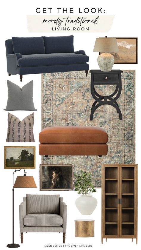 Get The Look: Moody Traditional Living Room — LIVEN DESIGN Moody Farmhouse Interior, Moody Modern Farmhouse, Witchy Cabin, Moody Traditional, Living Room Moody, Modern Country Interior, Wood Display Cabinet, Blue Couch Living, Modern Traditional Living Room