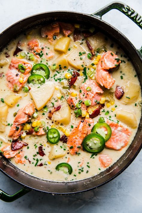 Made with fresh salmon, salty bacon and hearty potatoes this creamy and buttery salmon chowder is the ultimate comfort food. Salmon Chowder Recipe Easy, Buttery Salmon, Salmon Chowder Recipe, Salmon Chowder, Hearty Soup Recipes, The Modern Proper, Modern Proper, Fresh Salmon, Seafood Chowder