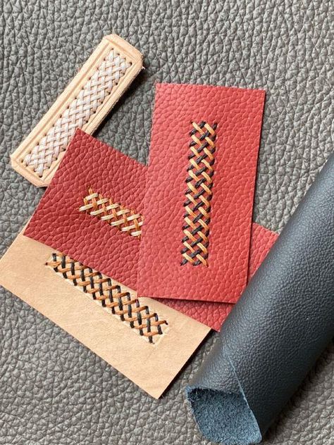 Leather stitch, saddle stitch, leathercraft, leather crafting, how to Leather Stitching Patterns, Leather Stiching Designs, Leather Cross Stitch, Embroidery On Leather Bags, Leather Swatches Ideas, Leather Stitching Techniques, Embroidery On Leather, Leather Stitching Detail, Leather Stitches