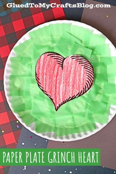 SUPER EASY Paper Plate Grinch Heart Craft Idea For Kids - Glued To My Crafts Easy Grinch Crafts For Preschool, Grinch Themed Crafts For Toddlers, Grinch Christmas Crafts For Toddlers, Grinch Week Preschool, Grinch Activity Preschool, Grinch Theme Preschool, Grinch Prek Crafts, Grinch Craft For Kindergarten, Grinch Fine Motor Activities