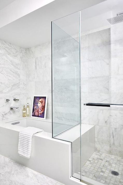 Shower Next To Tub, Tile Shower Niche, Marble Bathtub, Sophisticated Bathroom, Bathtub Walls, Bathroom Redesign, Master Bath Remodel, Bathroom Remodel Shower, Upstairs Bathrooms