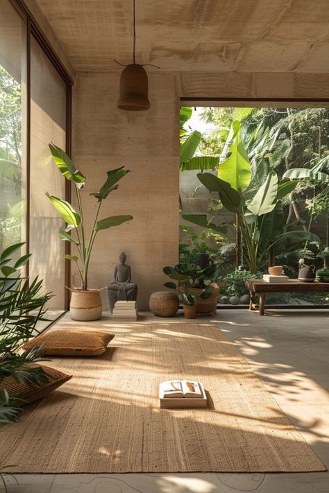 SAINT MARC Meditation Hall Design, Meditation Sunroom, Tropical Modernism Interior, Interior Courtyard Design, Meditation Space Architecture, Modern Backyard Garden, Elevated Patio, Plant Sanctuary, Small Yoga Studio