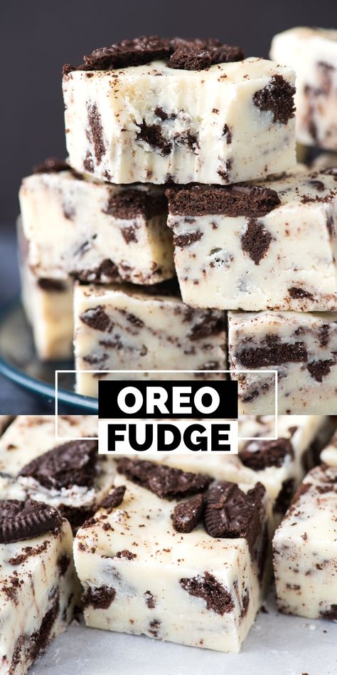 oreo fudge cut into squares and stacked on top of each other with text overlay Fudge Dessert Recipes, Fudge Recipes Oreo, Smooth Fudge Recipe, Cookies And Cream Fudge 3 Ingredient, Cookies N Cream Fudge, Easy Fudge With Frosting, Fantasy Fudge Recipes, Candy Fudge Recipes, Easy Desserts For Work