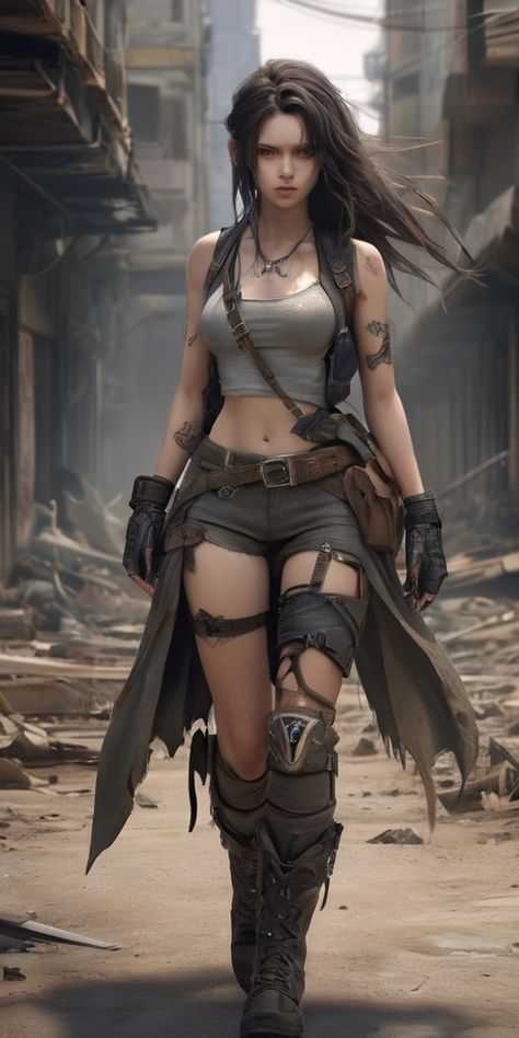 This image depicts a female wanderer navigating an overgrown city in a post-apocalyptic world. Explore the fantasy of surviving in a desolate landscape with this visually stunning pin. 🌆🌳🗡️💀 #postapocalypse #fantasy #apocalyptic #wanderer #female #survival Dystopia Aesthetic Clothes, Toxic Wasteland Outfits, Apocalyptic Survivor Drees To Impress, Dnd Post Apocalyptic, Female Survivor Character, Apocalyptic Survivor Dress To Impress, Post Apocalyptic Wasteland, Female Apocalypse Survivor, Apocalypse Rave Outfit