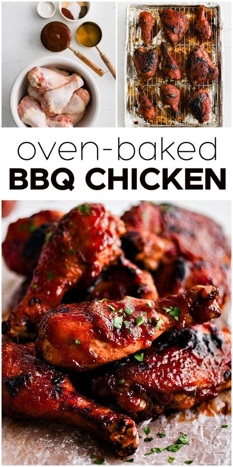 This Easy Baked BBQ Chicken Recipe is moist and juicy on the inside and deliciously charred and sticky on the outside. Super easy to make, it’s the best oven-baked barbecue chicken and perfect for year-round family dinners. Best Oven Bbq Chicken, Whole Barbeque Chicken, Bbq Chicken Oven Recipes, Bar B Q Chicken In Oven, Bbq Leg Quarters In Oven, Oven Bbq Chicken Drumsticks, Bbq Chicken Recipes Oven, Bbq Chicken Oven Baked, Oven Baked Barbeque Chicken