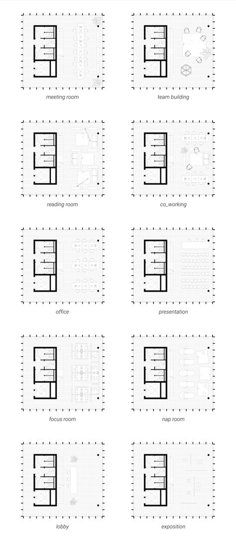 Flexible Apartment Architecture, Share Office Space Ideas, Flexible Architecture Spaces, Flexible Spaces In Architecture, Flexible Working Space, Small Office Building Plan, Architecture Studio Design Office, Multipurpose Event Space, Flexible Space Architecture