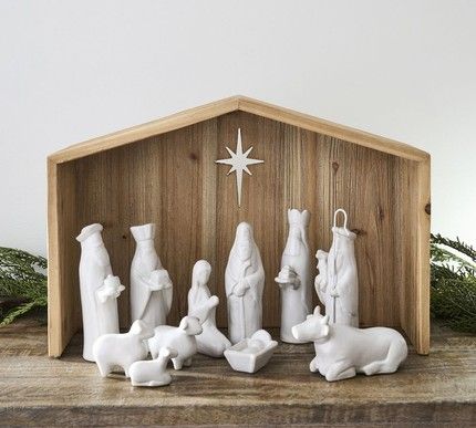 Pottery Barn Nativity Set, Modern Nativity Set, Nativity House, Ceramic Nativity Set, Božićni Ukrasi, Nativity Scene Display, House Pottery, Nativity Manger, Pottery Barn Christmas