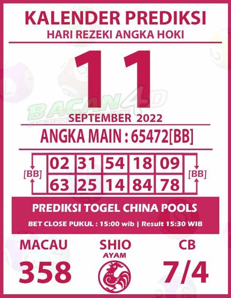 Kalender Prediksi Togel CHINA 11 SEPTEMBER 2022 [Bacan4D] Angka MAIN : 65472 Colok Bebas : 7/4 Macau : 358 Shio : Ayam ANGKA BB : 02 31 54 18 09 63 25 14 84 78 Salam Hoki Jackpot Bacan4D *Selalu Utamakan Prediksi Pribadi ya boss ku Silakan hubungi kami melalui livechat atau melalui social media berikut: Telegram : +6281229462081 LINE : prisca_chen WA : +6281229462081 #bacan4d #bacantoto #togelonline #prediksitogel #angkamaintogel #aitogel #chinatogel #china4d #chinatoto September 2022, Macau, Social Media, China