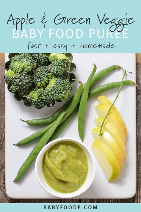 This delicious apple, green bean, and broccoli baby food puree is fast and easy to prepare, and a beautiful green huge. This healthy homemade stage one puree comes together in just minutes, is packed with vitamins, and and perfect for babies aged 6 months and up. #babyfood #stageone Broccoli Baby Food, Baby Broccoli Recipe, Green Bean Baby Food, Broccoli Puree, Easy Homemade Baby Food, Baby Food Puree, Diy Baby Food, Easy Baby Food Recipes, Healthy Baby Food