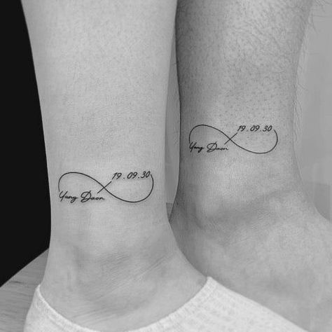 Infinity Tattoo: Meanings Designs and Ideas |  love tattoos for black couples Tattoos For Black Couples, Infinity Sister Tattoo, Double Infinity Tattoo, Infinity Knot Tattoo, Infinity Name Tattoo, Double Infinity Tattoos, Couple Name Tattoos, Sister Tattoo Infinity, Infinity Love Tattoo