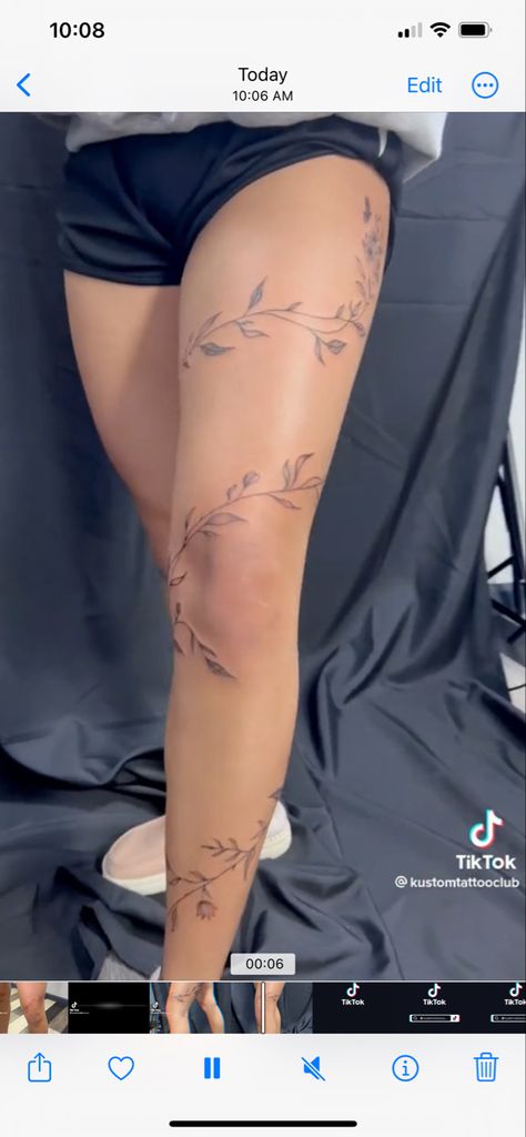 Soft Sleeve Tattoos For Women, Color Spine Tattoos For Women, Flower Tattoo Wrapped Around Leg, Flower Vine Leg Tattoos Women, Back Of Knees Tattoos, Mirrored Hip Tattoos, Thigh Simple Tattoos Women, Leaf Garter Tattoo, Vine Tattoo Around Leg