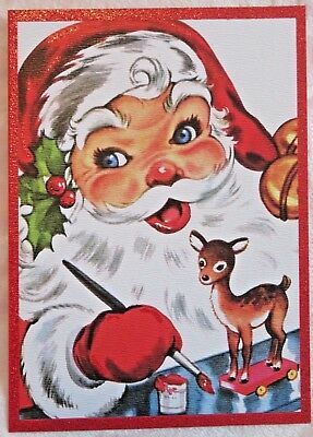 Vintage Style Christmas Card UNUSED MCM Glitter Santa Painting Baby Deer Toy 3 Christmas Lockscreen, Vintage Reindeer, Vintage Christmas Images, Christmas Phone Wallpaper, Mid Century Christmas, Old Christmas, Old Fashioned Christmas, Christmas Past, Vintage Christmas Cards