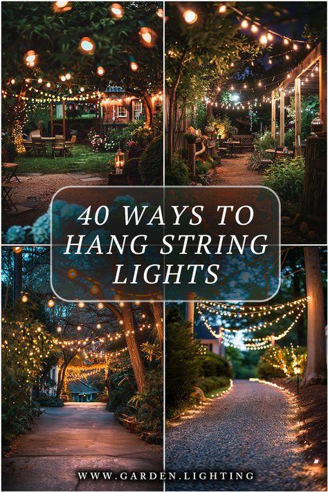 a series of photos of a garden with string lights and a path Outdoor String Lights Backyard, Backyard Party Lighting, Yard String Lights, Porch String Lights, Hanging Patio Lights, Backyard String Lights, Outdoor String Lights Patio, Fire Pit Lighting, Outdoor Party Lighting