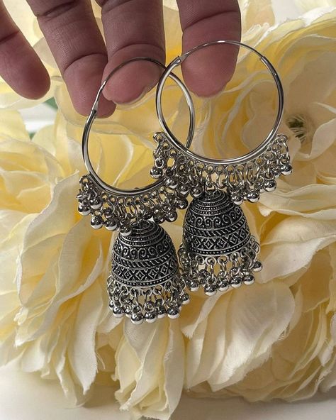 Indian Boho Jewellery, Oxidised Jhumka Aesthetic, Oxidise Earrings, Jhumka Earrings Collection, Oxidised Jewellery Earrings, Indian Jumkas, Jhumkas Aesthetic, Oxidised Jewellery Set, Hoop Jhumka