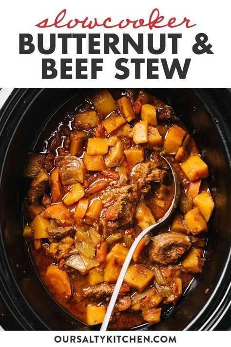 Swap white potatoes for butternut squash to transform standard beef stew into a whole new experience. Cooked low and slow in your crockpot, the beef is fall apart tender with perfectly cooked vegetables in a seasoned gravy. Just a few simple substitutions create a healthy, paleo and Whole30 approved slow cooker beef stew that's both hearty and incredibly nutritious. #crockpot #slowcooker #whole30 #paleo #whole30stew #paleorecipes Beef And Butternut Squash Stew Slow Cooker, Beef Stew Butternut Squash, Paleo Dinners Crockpot, Fall Stews And Soups Crockpot, Beef Butternut Squash Stew, Butternut Squash Stew Crockpot, Healthy Crockpot Recipes Vegetables, Butternut Squash Whole 30 Recipes, Fall Dinner Recipes Slow Cooker