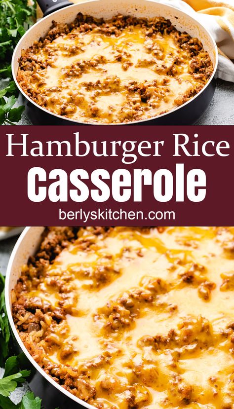 Hamburger Rice Casserole is an easy, cheesy, one-pan meal that's made with ground beef, onions, rice, savory seasonings, and topped with plenty of melted cheese. #berlyskitchen Homemade Hamburger Helper With Rice, Cheesy Beef Rice Casserole, Cheesy Beef Rice, Ground Meat And Rice Casserole, Ground Beef Broccoli And Rice Recipes, Ground Meat Rice Recipes, Burger Rice Casserole, Rice And Hamburger Meat Recipes, Cheesy Hamburger And Rice Casserole