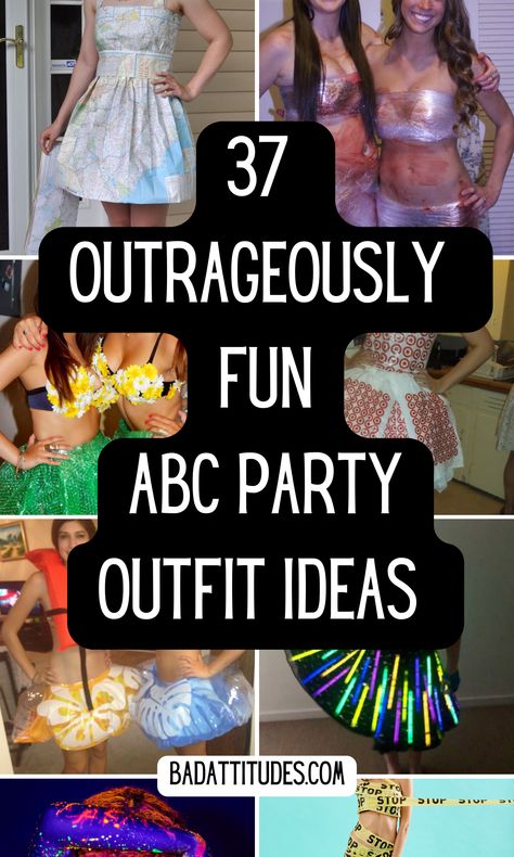 37 OUTRAGEOUSLY FUN ABC PARTY OUTFIT IDEAS - fun and genius ideas for your anything but clothes party S Themed Party Costumes, Everything But Clothes Party Outfit, Anything But Clothing Party Outfits, Abc Costume, Everything But Clothes Party, Party Outfit Theme Ideas, Party Dress Up Ideas, Abc Party Costumes Plus Size, Themed Dress Up Party