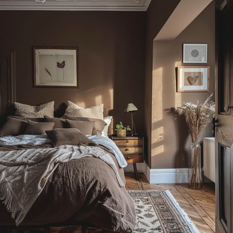 dark brown bedroom Light Brown Paint Bedroom, Best Bedroom Paint Colors Cozy, Brown Walls Bedroom Aesthetic, Soft Brown Bedroom, Brown Painted Bedroom Walls, Brown Bedroom Paint Ideas, Brown Room Decor Bedroom Ideas, Brown Bedroom Color Palette, Dark Brown Wall Bedroom Ideas