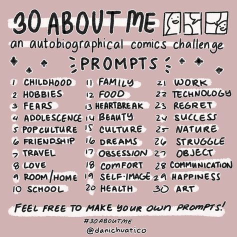 Autobiographical Comics, Freetime Activities, 30 Day Art Challenge, Art Journal Challenge, 30 Day Drawing Challenge, Journal Challenge, Drawing Ideas List, Art Style Challenge, Art Journal Prompts