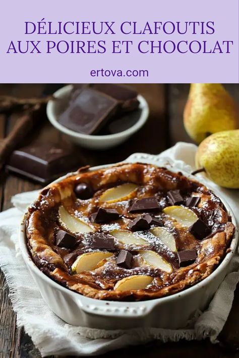 Découvrez notre recette irrésistible de clafoutis moelleux aux poires et au chocolat. Parfait pour le dessert, ce gâteau fondant allie la douceur des poires juteuses et la richesse du chocolat noir. C'est un véritable régal qui séduira tous vos invités ! En quelques étapes simples, après avoir mélangé vos ingrédients et versé la pâte sur les fruits, vous obtiendrez un chef-d'œuvre qui fait craquer à chaque bouchée. Délicieux chaud ou froid, ce clafoutis ne manquera pas de surprendre et ravir les papilles. Essayez-le aujourd'hui ! Dessert Aux Fruits, Biscuits, Read More, Caramel, Chef, Baking, Fruit