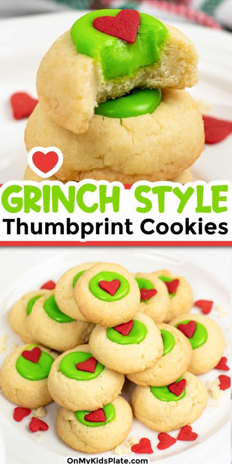 Tall close up image of two thumbprint cookies stacked with green filling and a heart sprinkle, the top cookie missing a bite stacked on top of a second image of a plate of grinch themed thumbprint cookies with title text overlay in between the images. Gingerbear Thumbprint Cookies, Stacked Sprinkle Christmas Cookies, Grinch Shortbread Cookies, Christmas Cookie Thumbprint, Stacked Sprinkle Cookies, Chocolate Mint Thumbprint Cookies, Grinch Christmas Cookies Recipes, Christmas Treat Plates Gift Ideas, Grinch Christmas Baking Ideas