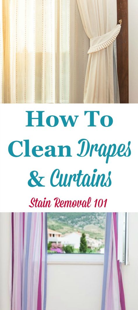 How to clean drapes and curtains in your home, with instructions on when to wash versus dry clean, and also how to wash those you can to avoid damage and shrinkage {on Stain Removal 101} How To Clean Curtains, Clean Curtains, Designer Curtains, Drapes And Curtains, Dry Cleaning At Home, Happiness Motivation, Pinterest Christmas, Laundry Tips, Cleaning Curtains