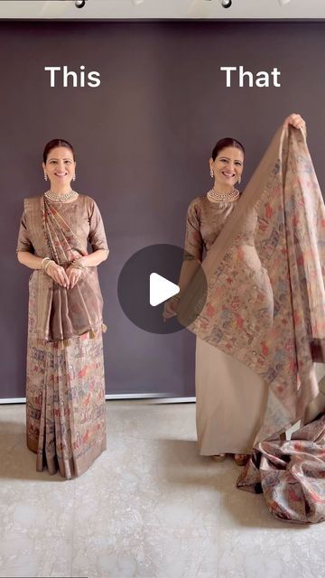 Sophisticated Saree Look, Saree And Jewellery Combination, Saree With Shawl Style, Sidha Pallu Saree Style, Front Pallu Saree Draping, Anika Ishqbaaz Dresses, How To Wear Saree In Different Style, Saree Dress Gowns Ideas, Different Saree Draping Styles Indian