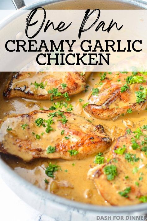 If you're looking for easy skillet meals or ways to cook boneless, skinless chicken breasts, you HAVE to try this easy One Pan Creamy Garlic Chicken. This easy skillet chicken dinner is made with just 5 ingredients, is gluten free, low carb, AND keto. Best of all? It's a 15 minute meal that is ready to serve in a flash! This easy chicken breast recipe is perfect for weeknight dinner ideas, and great for those who are looking for keto chicken recipes. Healthy, quick, and easy. Easy Chicken Recipes In Oven, Quick Easy Chicken Dinners Simple, Chicken In The Skillet, Salt Free Chicken Recipes, Chicken In A Pan Skillets, One Pan Chicken Dinner Skillet, Chicken Recipes No Cheese, Easy Saucy Chicken Recipes, Gluten Free Chicken Dishes