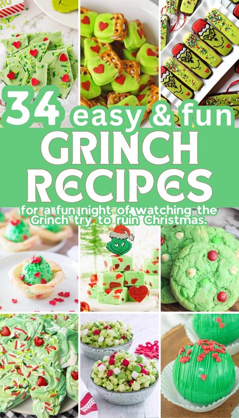 Plan a festive movie night with these green Grinch-inspired recipes! These Grinch-inspired recipes are scrumptious and add a festive, fun twist to your holiday feast or Christmas party. Dive into these magical holiday delights, and who knows – they may even make your heart grow three sizes! Recipes inspired by the Grinch Who Stole Christmas! Recipes for Grinch party! Perfect Christmas treats! Grinch Dessert Ideas, Grinch Recipes, Grinch Christmas Treats, Grinch Cocktail, Grinch Snack, Grinch Cake, Grinch Cookies, The Grinch Movie, Recipes For Christmas