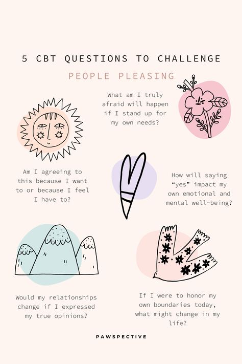 People-pleasing can drain your emotional and mental energy, leaving you feeling overwhelmed and undervalued. By asking yourself key questions rooted in Cognitive Behavioral Therapy (CBT), you can begin to challenge your automatic responses and set healthier boundaries. people-pleasing, CBT therapy, self-reflection, mental health, setting boundaries, cognitive distortions, emotional well-being, self-care, assertiveness, personal growth, self-worth, therapy techniques. Mental Challenges, Feeling Overwhelming, Boundaries Counseling Activities, Identity Work Therapy, Art Therapy Group Ideas, Acceptance Therapy Activities, Cbt Prompts, Cbt Journaling, Pre Therapy Questions