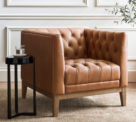 Edgewood Leather Armchair | Pottery Barn Big Leather Chair, Leather Armchair Living Room, Leather Arm Chair, Office Corner, Brown Leather Armchair, Tufted Arm Chair, Leather Accent Chair, Leather Lounge, Pottery Barn Teen